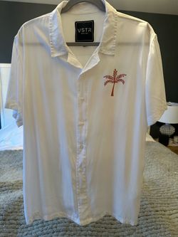 VSTR Caribbean Tropical Camp Shirt White Rayon Button Front Men’s Size Large