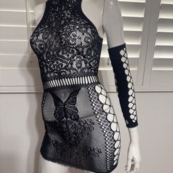 New One Size Black -fishnet Butterfly Mini Dress Arm Warmers Festival Rave Lingerie 