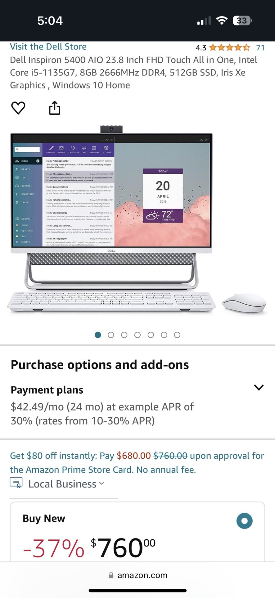 Dell Inspiron 5400 AIO 23.8 Inch FHD Touch All in One, Intel Core i5