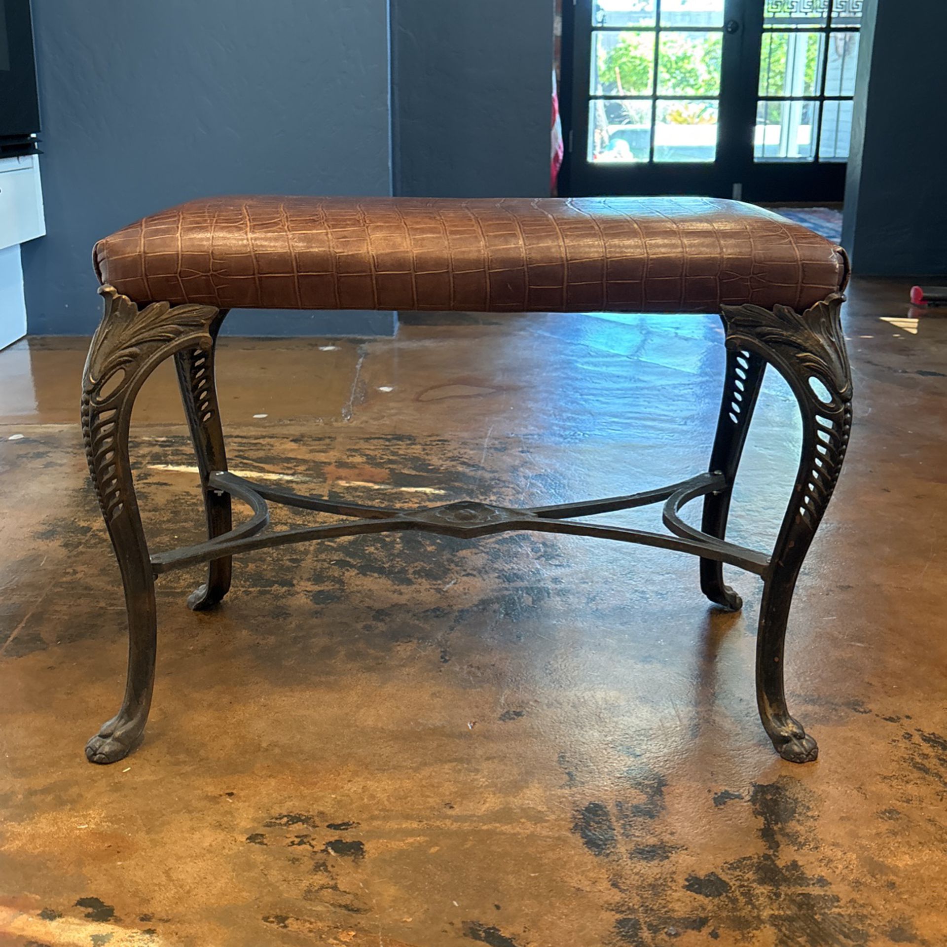 Bench - Antique Iron And Leather, Upholstered 