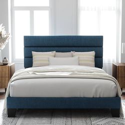 Full Size Platform Bed Frame with Fabric Upholstered Headboard and Wooden Slats Support, Fully Upholstered Mattress Foundation/No Box Spring Needed/Ea