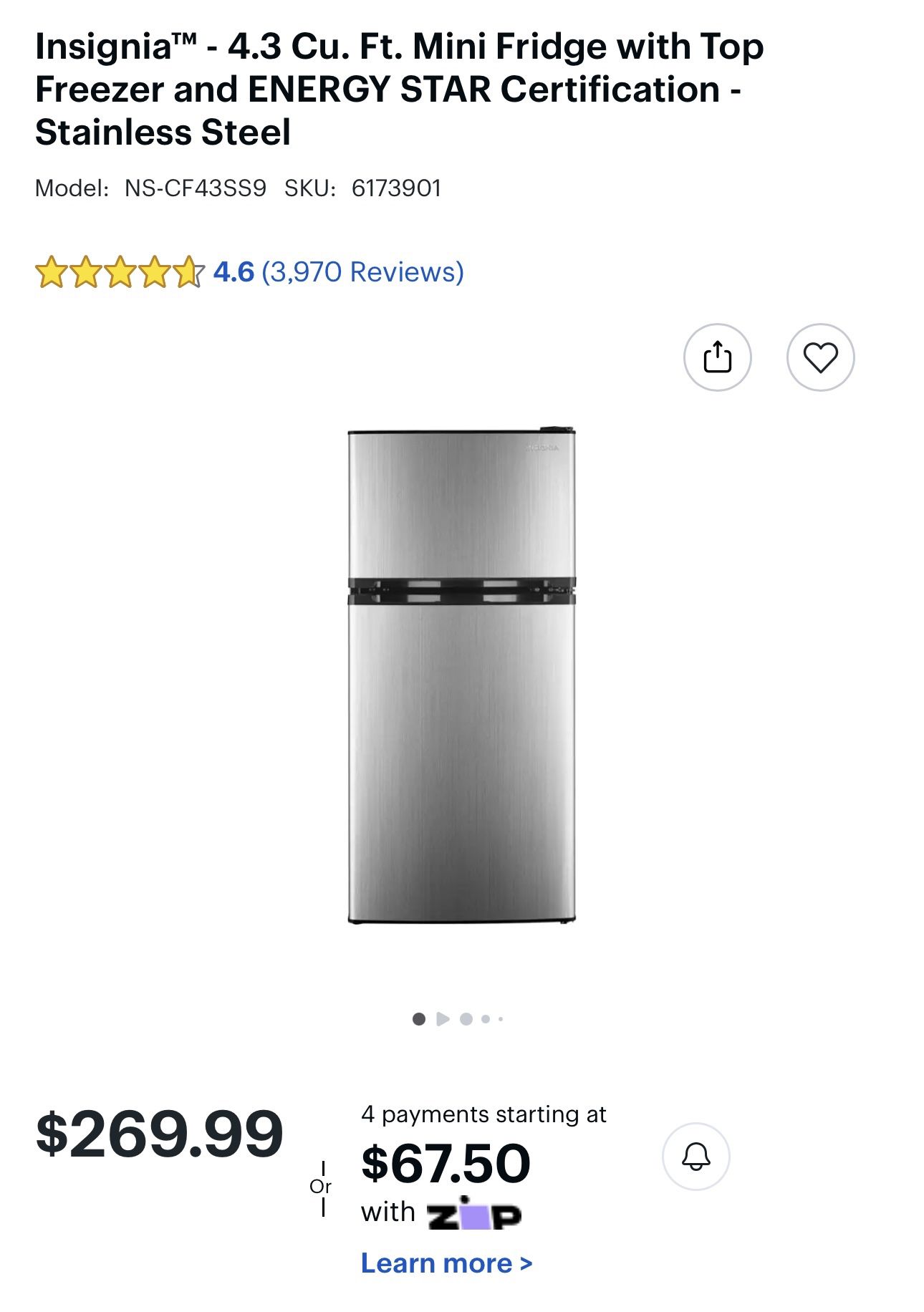 Insigniaâ„¢ - 4.3 Cu. Ft. Mini Fridge with Top Freezer Like New