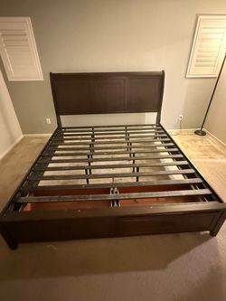 Dark Wood Sleigh Bed Frame with Storage Drawer
