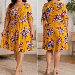 Angela Plus 2XL Yellow Floral V-Neck Dress