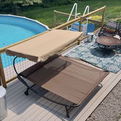 Double Chaise Lounge Bed with Adjustable Canopy and Pillow and Wheels