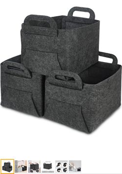 Felt Storage Baskets Bins 3 Pack, Sturdy Large Baskets with Carry Handles, Foldable Bins for Nursery, Office, Organizing Shelf, Laundry, Clothes, Bla
