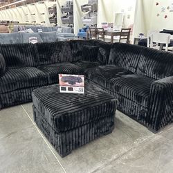 BLACK FUR LIKE CORDUROY SECTIONAL WITH OTTOMAN