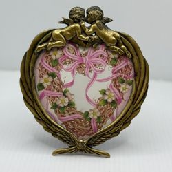Antique Solid Brass Frame Heart Shape W/Heavily Ornate Angel Cherub Design