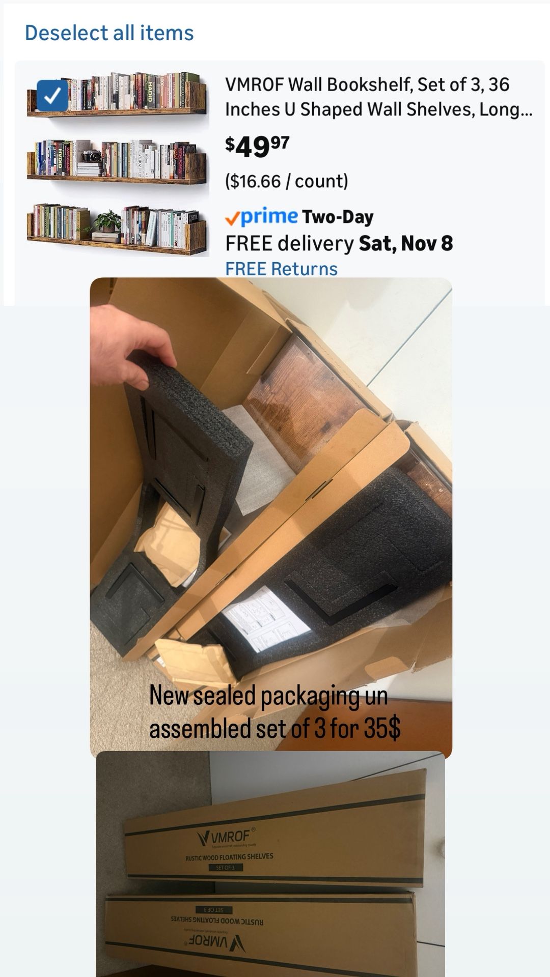 Wall Bookshelf, Set of 3, 36 Inches U Shaped Wall Shelves, Long Deep Floating Shelves, Large Floating Book Shelves - Wood Hanging Bookshelves for Kitc