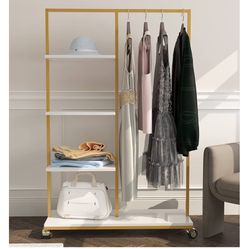 Like new Gold Closet Hanging Rack With Shelves!