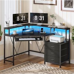 Black Corner Desk With Drawers & Outlets