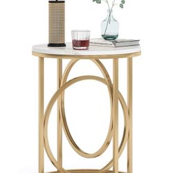 Tribesigns Round End Table for Living Room, Modern Marble Side Table with Gold Metal Frame, White and Gold Accent Table, 26-Inch Tall Narrow Nightstan