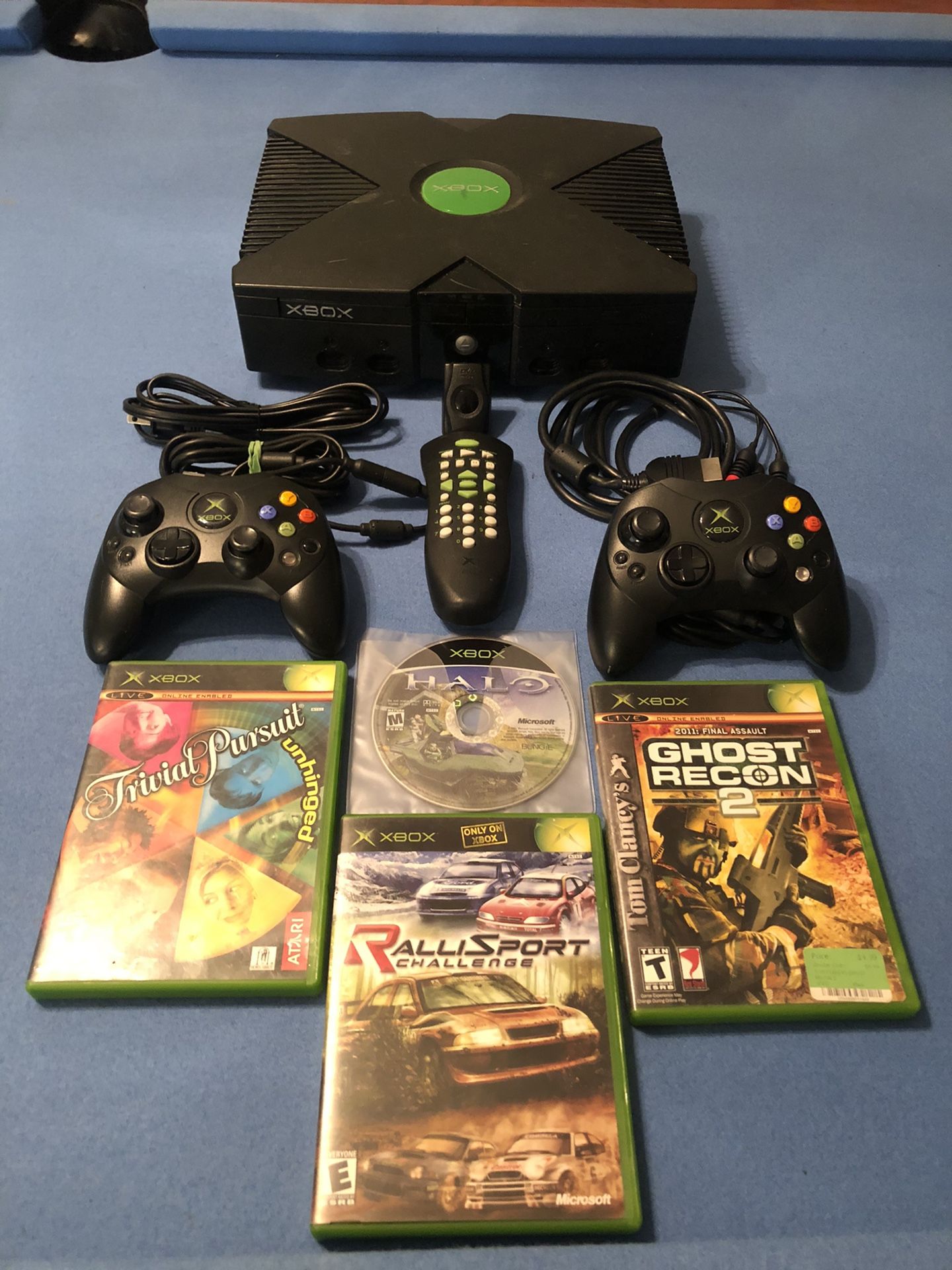 Original Xbox with 2 Controllers, DVD Remote, OEM Cords, and 4 Games