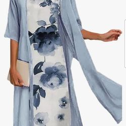 Women’s Two Piece Set Floral Print MIDI Dress With Cardigan Chiffon Sleeveless Dress. Size Medium.