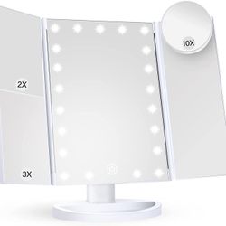 Makeup Mirror Vanity Mirror with Lights, 2X 3X 10X Magnification, Lighted Makeup Mirror, Touch Control, Trifold Makeup Mirror, Dual Power Supply, Port