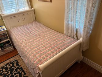 White Wood Twin Sleigh Bed Frame and Mattress