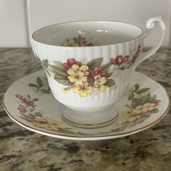 Vtg Royal Minster Bone China Yellow Pink Floral Footed Tea & Cup Saucer England