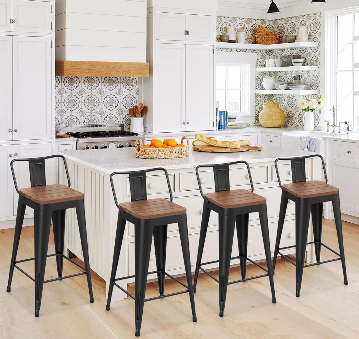 30" Outdoor Barstools Patio Stool Metal Bar Stools Set of 4 Counter Height Barstools with Wood Plastic Seat Industrial Bar Chairs Metal Kitchen Stool