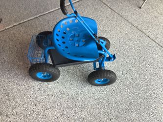 Home Depot Blue steel indoor/outdoor rolling garden work seat With 360 degrees chair swivel,  storage basket rear and storage under seat, (tool tray),