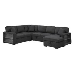 Brand New Black Linen Sectional with Right Chaise, Pull-out Bed, Hidden Storages and Shelves, Charging Ports (121 x 93.5 x 38H)