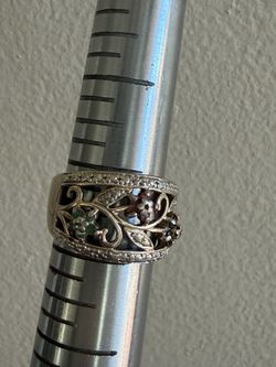 Silver Floral Band Ring with Multicolor Stones