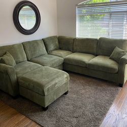New 99x99 Sage corduroy sectional couch with ottoman