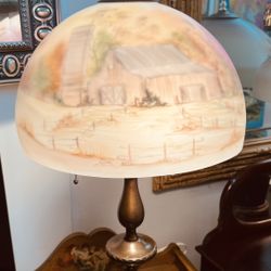 Antique Reverse Painted Farmhouse Table Lamp Signed.