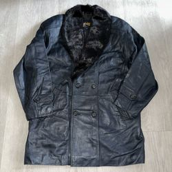 PILUDAN  Italy Leather And Fur Jacket Leather Coat Men M Size BLACK VTG 