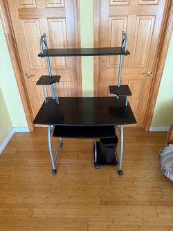 Black Computer Desk with Shelves and Keyboard Tray