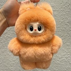 Rabbit Fur Handmade Labubu Plush Doll Keychain Bag Pendant  large light orange