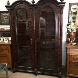 Huge Hand Carved Curio Cabinet, Exotic Wood inlay, glass sides