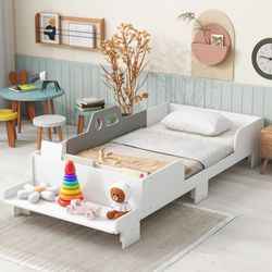 NEW Twin Size Pine Wood Car-Shaped Platform Bed Frame with Bench and Guardrail