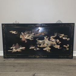  Antique Chinese Carved Precious Stone Inlay Art Black Lacquer 