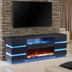 Terni Black TV Stand w/ Fireplace & 2 Side Tables