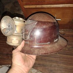 Antique Calcium Carbonate Minors Headlamp On A Original Vintage Minors Helmet 