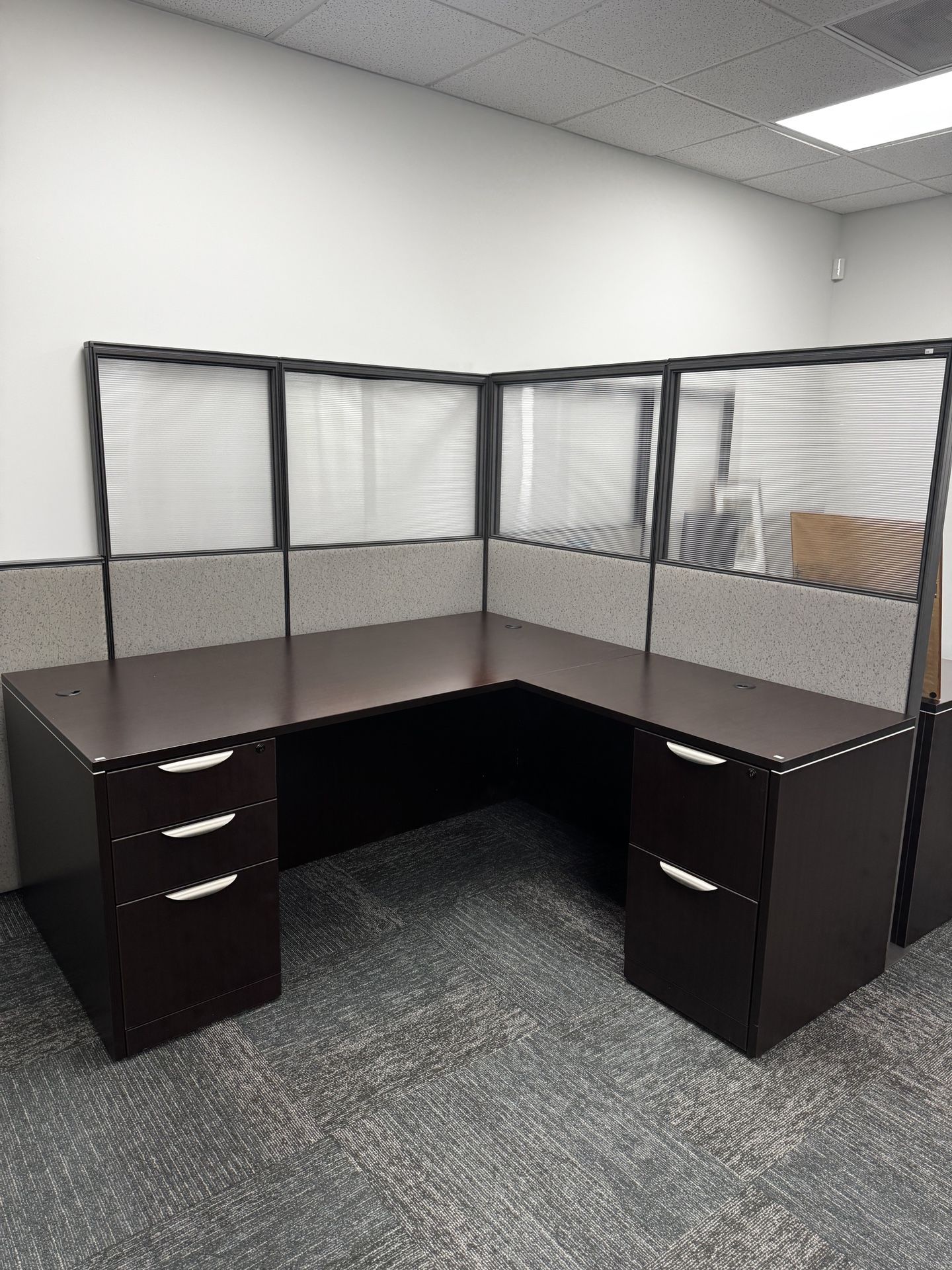 Work Efficiently! *25% Off Sale* Used - 72" x 72" Espresso Laminate L - Shaped Desk w/ Two File Cabinets