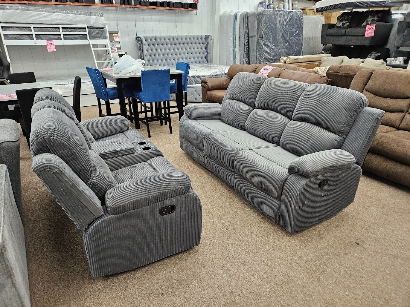 WAS $1899 NOW $1399 New dark gray Corduroy recliner sofa loveseat 2pc special