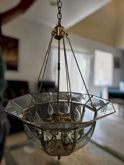 Vintage polygon-shaped brass and beveled glass panel chandelier