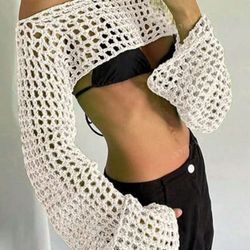 READY FOR BUY Holiday Beach Style Starfish Embroidery Design Ultra Short Long Sleeve Knit Sweater Pullover Sweater Hollow Out S