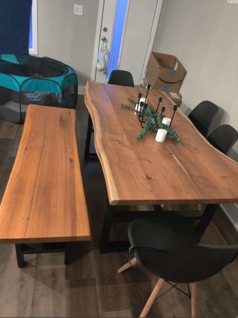 Rustic Wood Dining Table w/ 4 Chairs + Bench - $125 (Pickup Only)