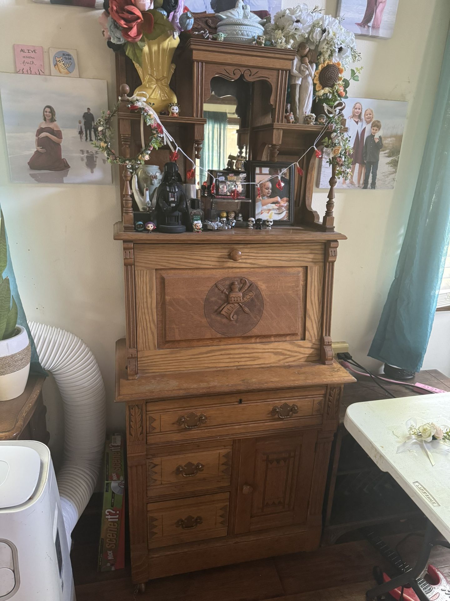 Antique 1888 Oak Secretary Desk with Hutch – Beautiful Carved Detail ($1200 or best offer)