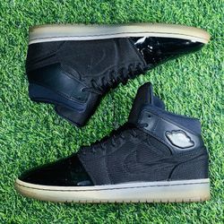 Size 12 Men’s Air Jordan 1 Gamma Blue TXT Mid Black Patent 616369-089 Nike Retro Sneakers USED