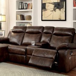 BROWN LEATHERETTE TUFTED HEADREST SECTIONAL SOFA COUCH RECLINER CHAISE DRINK CONSOLE STORAGE - SECCIONAL RECLINABLE SILLON