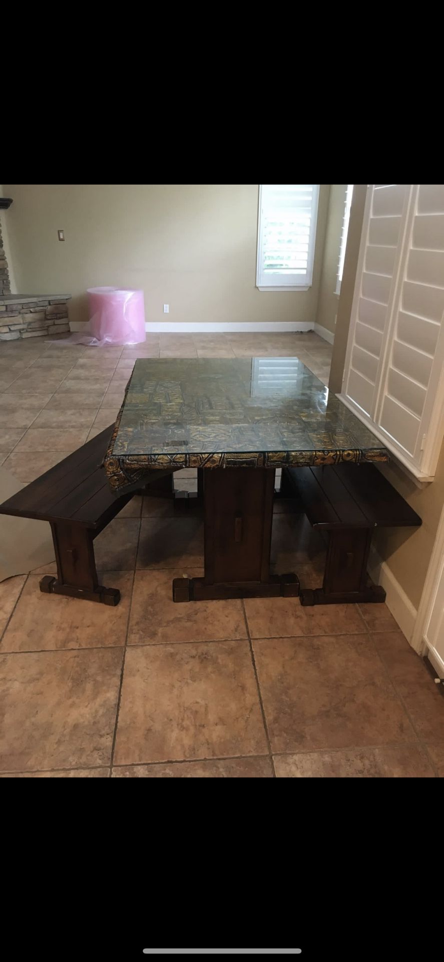 Kitchen Table With 2 Benches And Table Glass