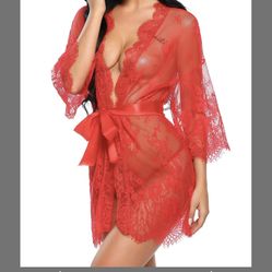 Avidlove Women's Lace Kimono Robe Babydoll Lingerie Mesh Nightgown See Through Robe Red S