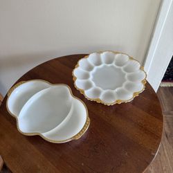 Lot of 2 Anchor Hocking Fire King Milk Glass Deviled Egg Gold Trim + Relish Tray