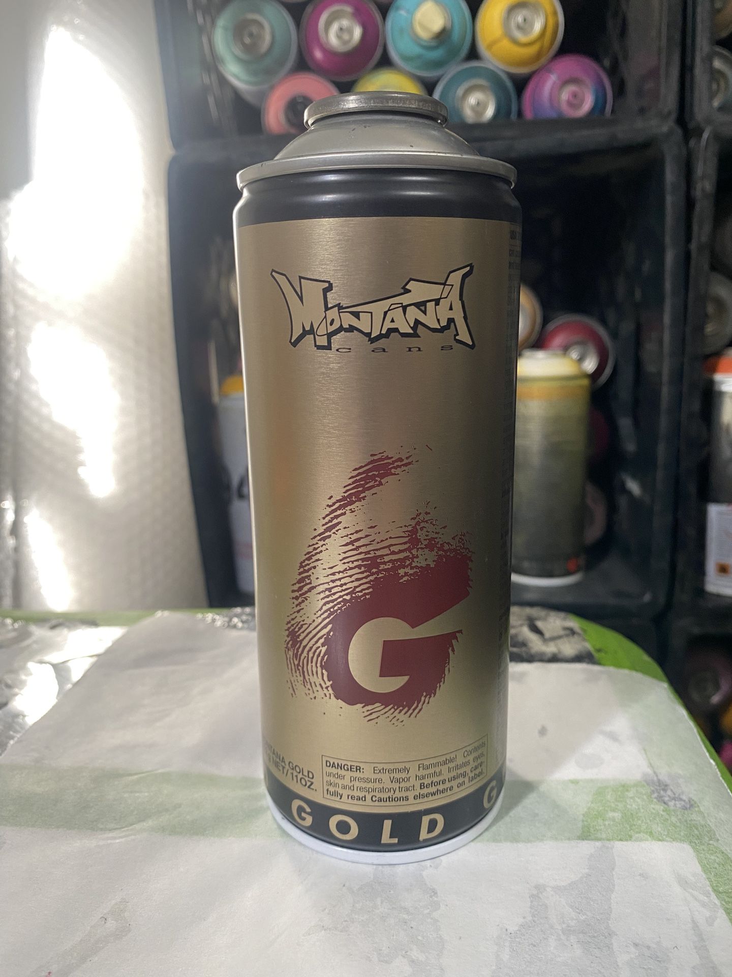 Empty Old Montana Gold Spray Paint Can. Rustoleum Krylon Ironlak Mtn Colors Molotow