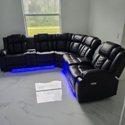 Power Reclining Sectional Sofa Whit Led Light, Speakers And USB Ports 