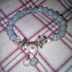 Boho Light Blue Crackle Bead Stretch Bracelet Flower Charm