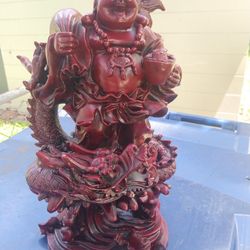 Vintage Red Resin Laughing Buddha Budai Dragon Statue Good Luck
